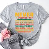 Proud To Be Black Shirt, Never Apologize Black History Shirt, Black Pride Shirt