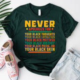 Proud To Be Black Shirt, Never Apologize Black History Shirt, Black Pride Shirt