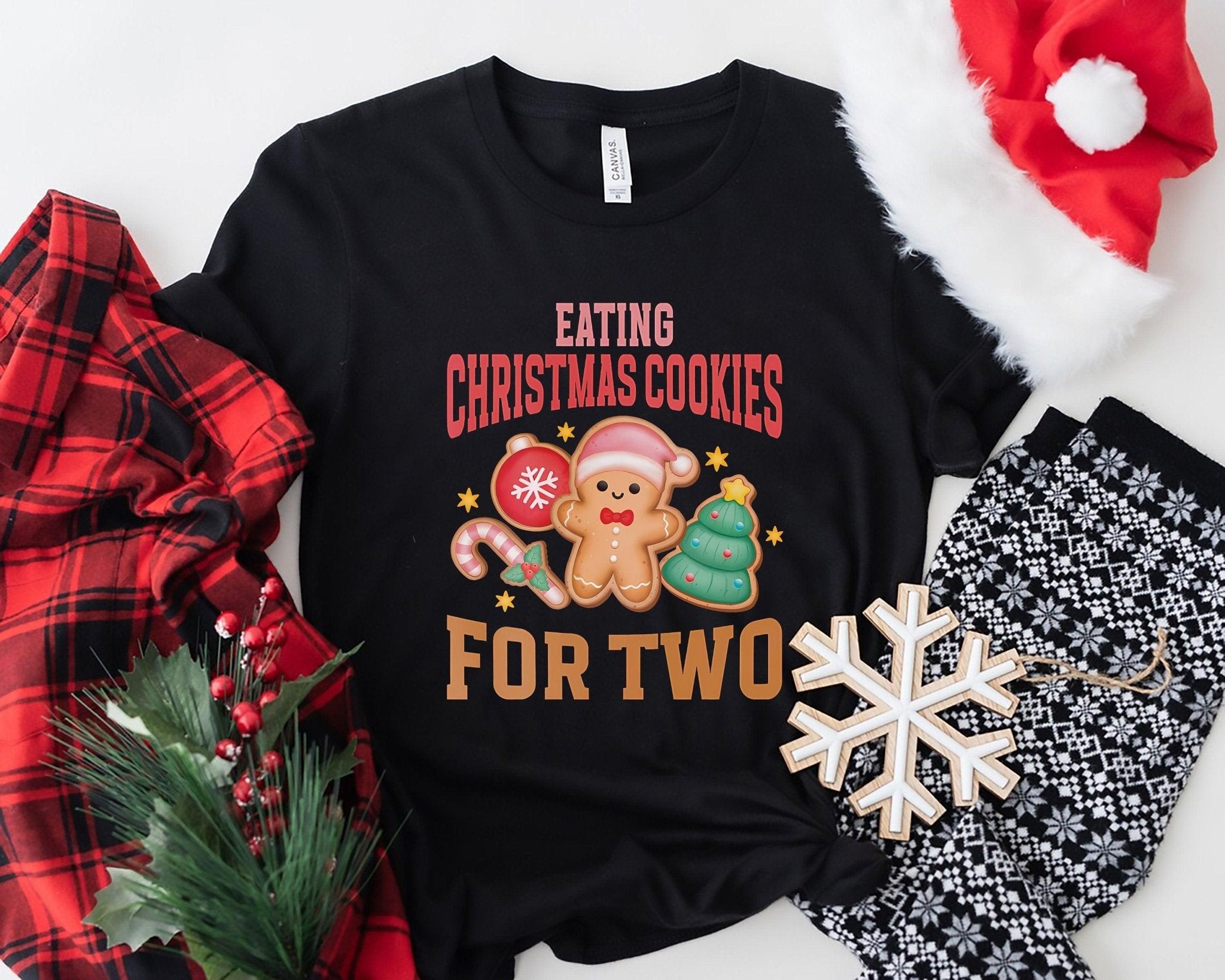 Eating Christmas Cookies For Two, Christmas Pregnancy Announcement Tee, Future Mom Christmas Tee - Nesta Tees